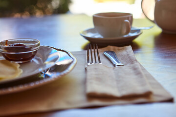Pancakes With Honey And Tea. Tasting traditional Russian cuisine