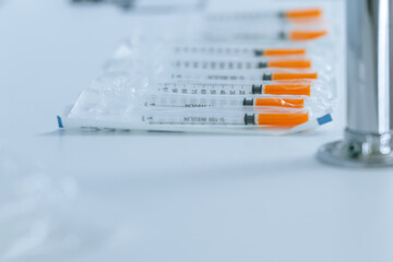 close up. tubes with test results on the lab table.