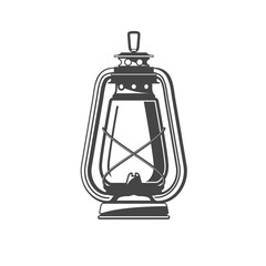 Old oil lamp, kerosene camping lantern silhouette, oil lamp icon, vector