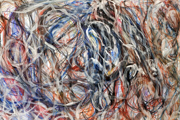 Abstract grey line on a multicolored background. A dirty, scribbled wall. Chaotic sketch. Etude in the style of abstract impressionism. Jackson Pollock imitation.