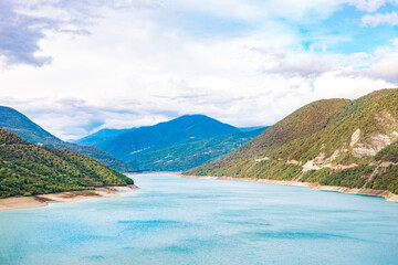 mountains and lake, dam in the mountains. Zhinvali water reservoir. Zhinvali dam.