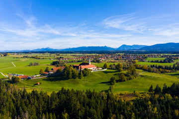 Aerial view of Reutberg Monastery, near Sachsenkam, Upper Bavaria, Bavaria, Germany,