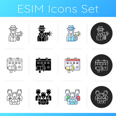 Marketing strategies icons set. Advertisement using viral content. Seasonal products selling for your company. Linear, black and RGB color styles. Isolated vector illustrations