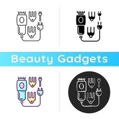 Electric hair clippers icon. Hair trimmer. Hairstyling appliance. Sharpened comb-like blades. Beauty and barber salon. Linear black and RGB color styles. Isolated vector illustrations - obrazy, fototapety, plakaty