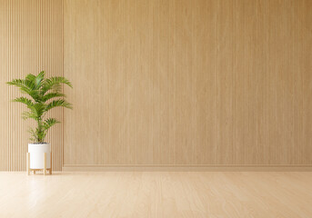 Green plant in wooden living room with free space for mockup, 3D rendering