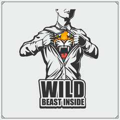 Man in an open shirt. Wild beast inside. Passion, inspiration and fortitude emblem. 