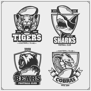 Football badges, labels and design elements. Sport club emblems with bear, shark, tiger and cobra.