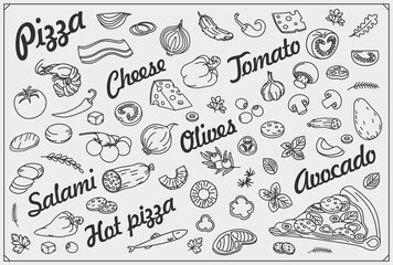 Pizza slice and ingredients. Pizzeria background and design elements. Hand drawn doodles illustration. 