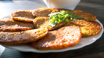 delicious pancakes on a white plate. Selective focus