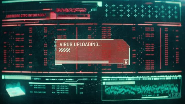 Virus uploading message on computer screen, hacker installing malware in system. Computer hacking attack visualization