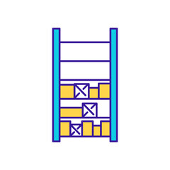 Storehouse stock on shelves RGB color icon. Inventory administration. Logistics, cargo storage. Warehouse management. Business administration, retail service. Isolated vector illustration