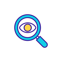 Investigation with magnifier RGB color icon. Information analysis. Data survey. Find details. Warehouse management. Business administration, retail service. Isolated vector illustration