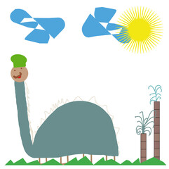 Dinosaur in nature flowers, grass. The son drew a drawing.