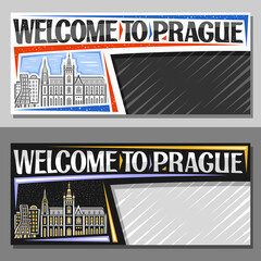 Vector layouts for Prague with copy space, decorative voucher with illustration of urban prague city scape on day and dusk sky background, art design tourist coupon with words welcome to prague.