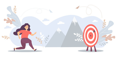 A woman runs to her target, moves on motivation towards the goal, on the way to the pinnacle of success. Vector illustration for task, goal, achievement, business, marketing and business concept 