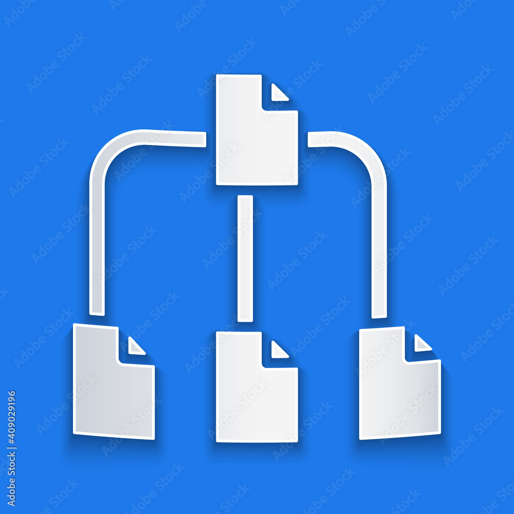 Poster paper cut folder tree icon isolated on blue background. computer network file folder organization st