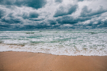 Fototapeta na wymiar Stormy Black sea in day time, big waves and gusty wind