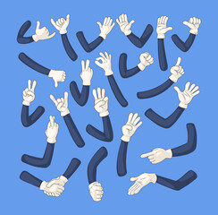 Comic gloved arms set. Comic retro hands in gloves hand character shows gestures relax, call me, stop, class, peace, ok, fist, attention, handshake, showing numbers symbol doodle line art