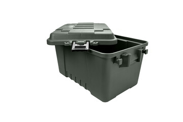 Plastic box with locks isolate on a white back. A container for storing and transporting various things.