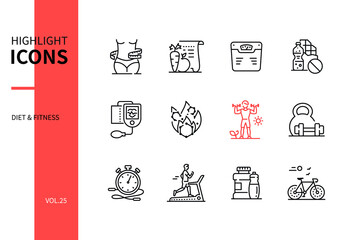 Diet and fitness - line design style icons set