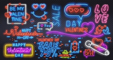 Fototapeta na wymiar Big Set neon logo, label, emblem. Happy Valentine's day. Love Day. Neon sign, bright signboard, light banner. Valentines Day,sex shop,bar concept. Neons sign 2 heart shapes
