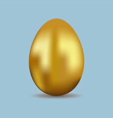 Gold egg isolated. Gold egg located vertically on blue background. Gold egg with shadow. Flat.  Vector illustration