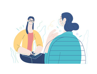 Medical insurance -psychological support -modern flat vector concept digital illustration of a therapist wearing glasses, taking session notes in notepad while female patient talking about her problem