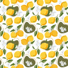 Beautiful seamless vector pattern with lemons and leaves. Abstract texture. Perfect for wallpapers, web page backgrounds, surface textures, textile design, cover, farmers market, notebooks