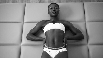 Black and White Portrait of Attractive Black Swim Suit Model with short hair