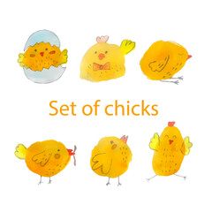 Set of six cute yellow watercolor chickens.