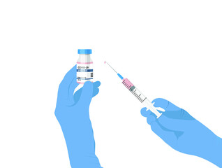 Hands in blue medical gloves holding the bottle with vaccine isolated on the white background