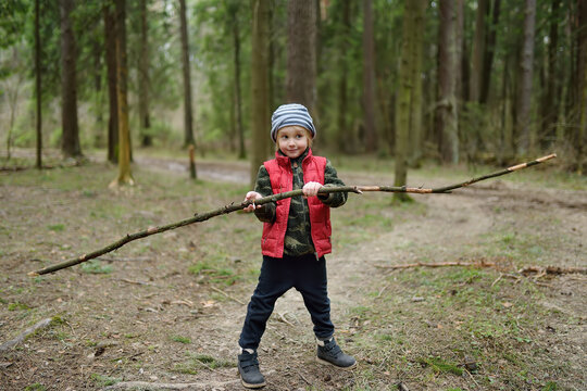 Little Boy In Red Vest Is Playing With Big Branch And Having Fun In Forest On Early Spring Day. Outdoor Activity For Children.