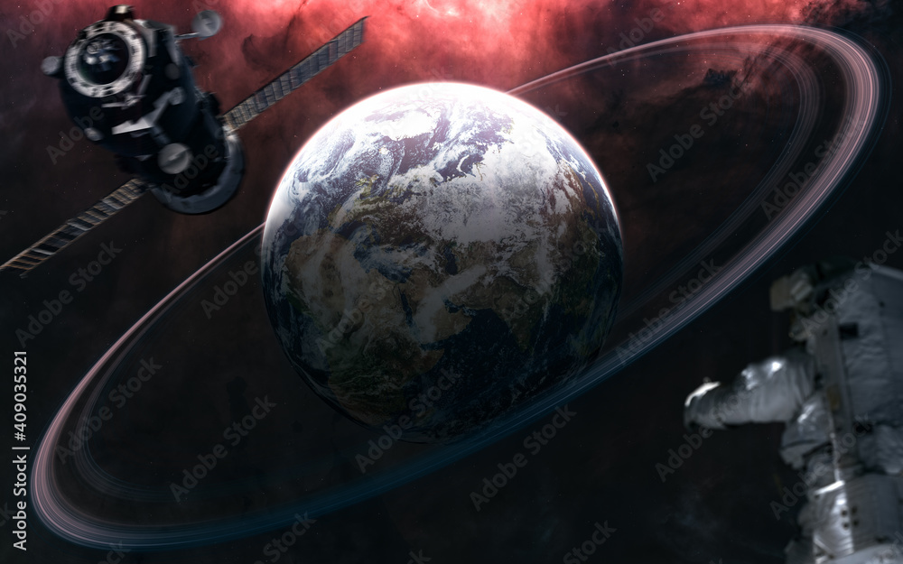 Wall mural planet earth with rings. astronaut out of focus. space station blurred in motion. solar system. 3d r