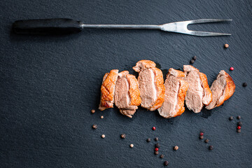 duck breast fried meat poultry barbecue grill ready to eat portion on the table for healthy meal snack outdoor top view copy space for text food background rustic image