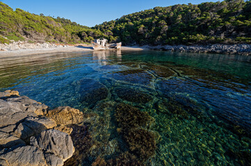 Shipwreck abandoned at a beach of Skyros island in Greece