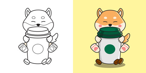Cute shiba inu dog hugging a hot takeaway coffee cup decorated with coffee bean. Children coloring page. Flat style illustration vector.