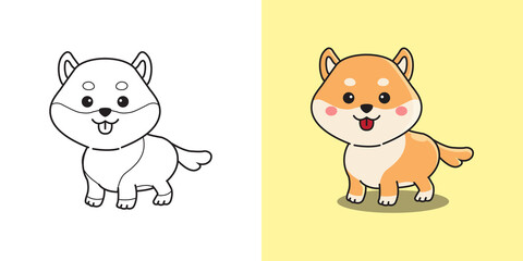 Obraz na płótnie Canvas Cute shiba inu breed dog coloring page for kids. Children activity. Flat style cartoon vector. 