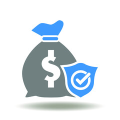 Bag money with shield and check mark vector icon. Compensation and benefits for injury accident symbol.