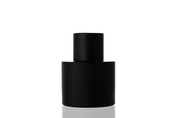 Black matte perfume bottle isolated on white background.