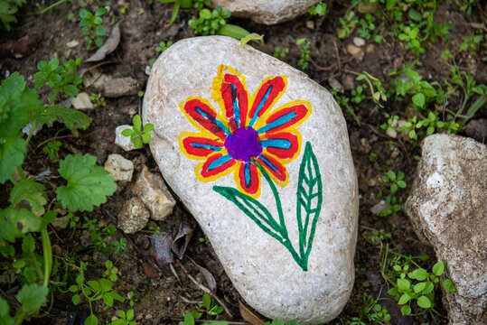 Pebbles with a painted flower on the background of a cooperative and community ecological garden. High quality photo