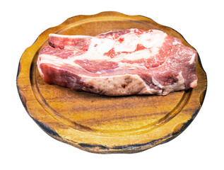 raw piece of beef brisket on wooden cutting board isolated on white background