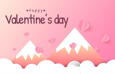 Paper cut elements in shape of heart flying on mountain pink and sweet background. landscape Vector symbols of love for Happy Valentines Day, greeting card design.
