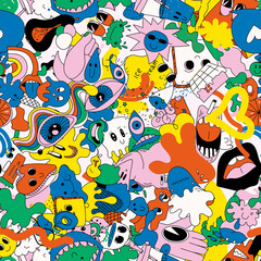 Bright themed vector seamless pattern of hilarious abstract characters