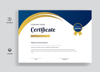 Certificate of appreciation template blue & gold color certificate design