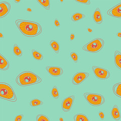 Bright themed vector seamless pattern of chaotically scattered eyes.