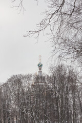 Broach spire of orthodox church in Saint Petersburg, Russia in winter.