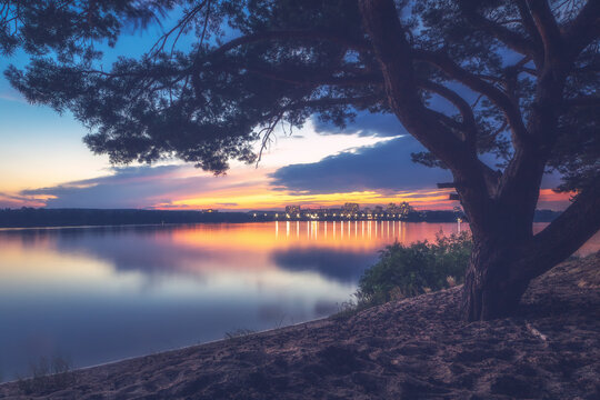 Night landscape on the Dnieper river, view of Vyshgorod city