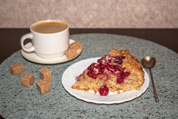 
cherry cake with oatmeal base, healthy food, berry pie for coffee or tea