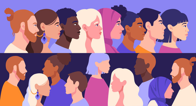 Racial Diversity And Anti-racism Concept. Silhouettes Of Men And Women Belonging To Different Races, Nations And Cultures. Multi-ethnic And Multiracial People. Flat Cartoon Vector Illustration