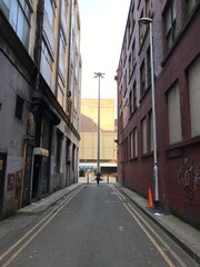 City street in Manchester England with old buildings and no people 